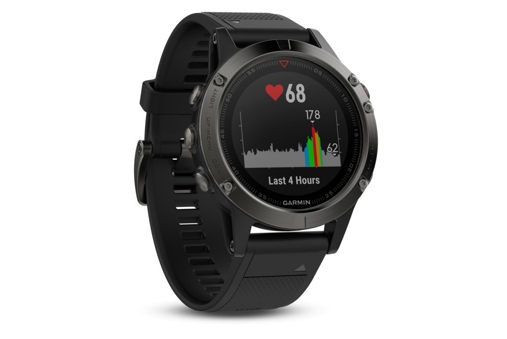 Garmin Fenix 5 slate gray smart watch with black band.
