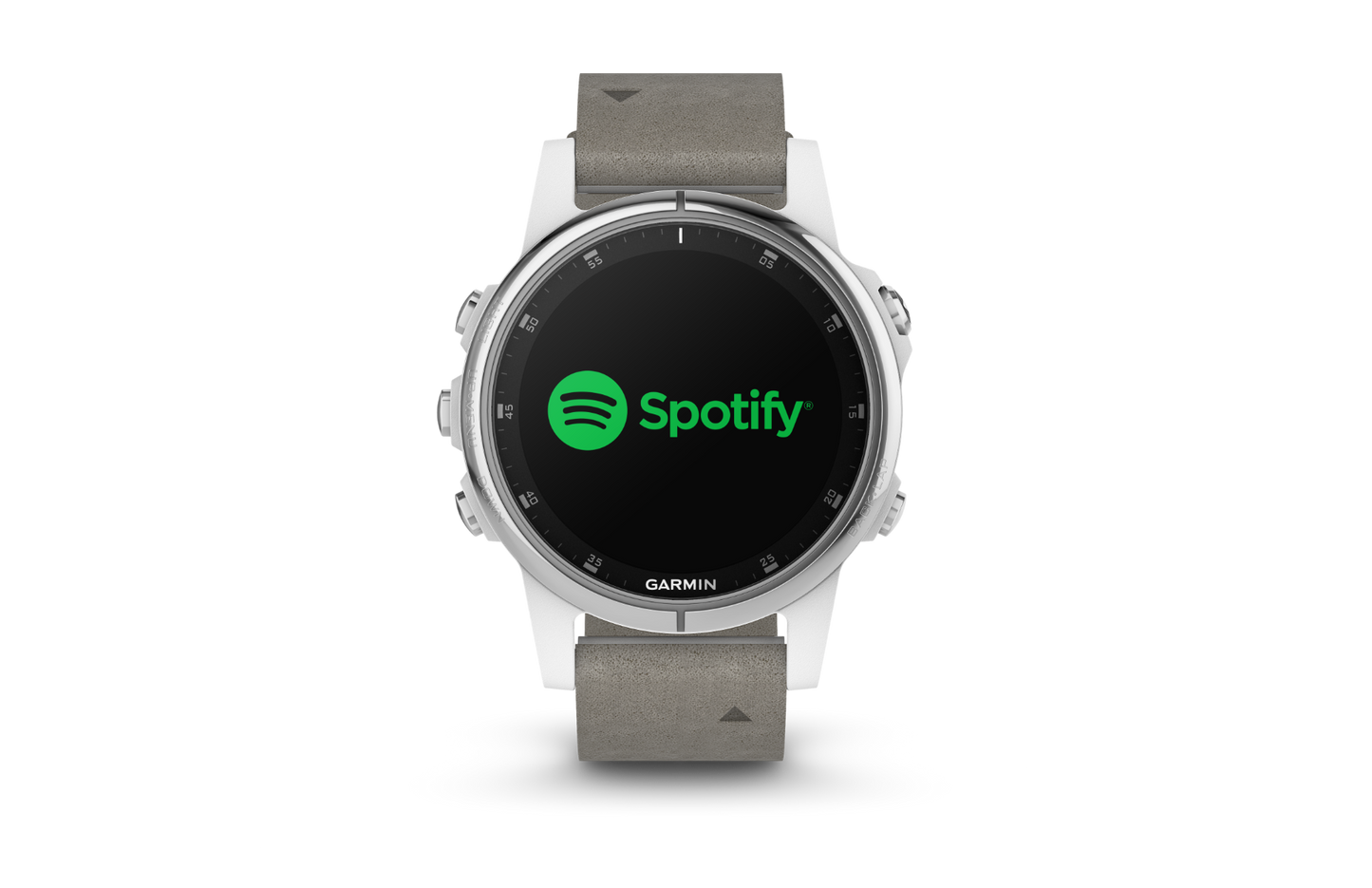 Garmin Fenix 5S Plus Sapphire smartwatch with white bezel and gray suede strap, Spotify logo on screen