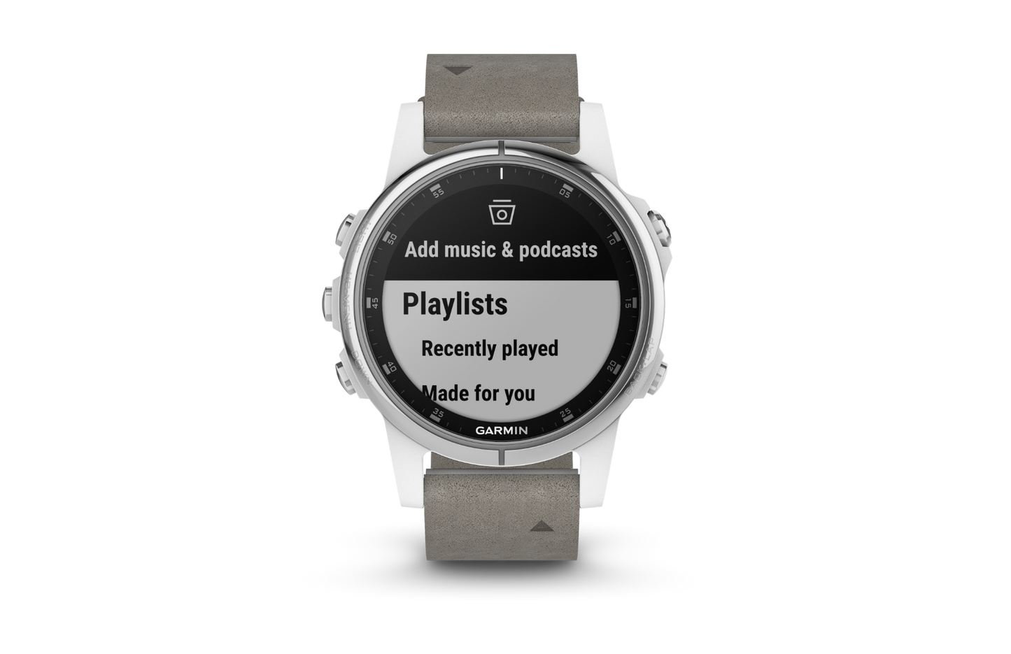 Garmin Fenix 5S Plus Sapphire smartwatch with white case and gray suede strap