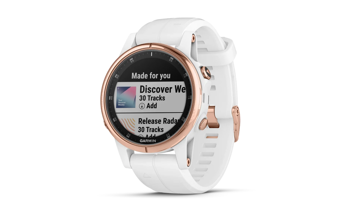 Garmin Fenix 5S Plus Sapphire smartwatch with rose gold bezel and white Carrara band (010-01987-06)