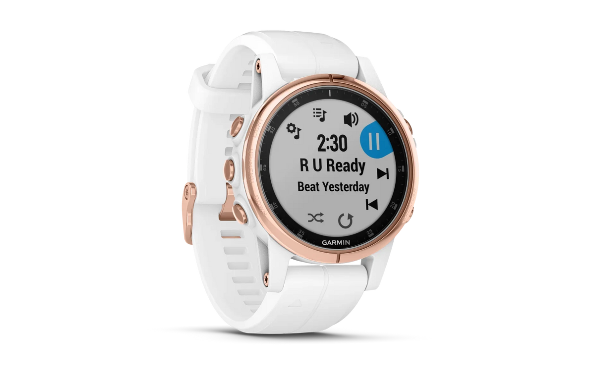 Garmin Fenix 5S Plus Sapphire smartwatch with rose-goldtone case and Carrara White band