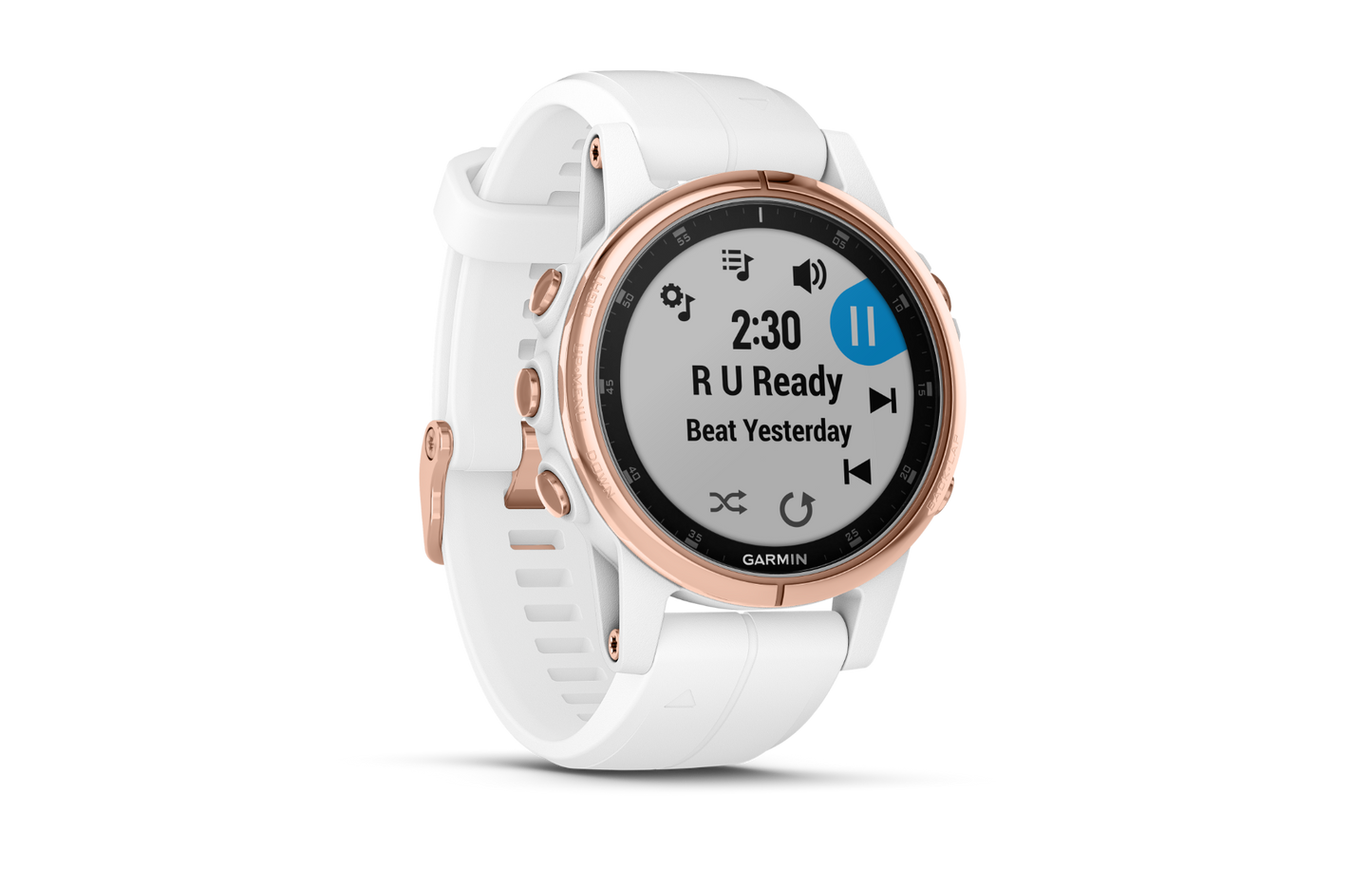 Garmin Fenix 5s Plus smartwatch, rose-gold bezel with white band, refurbished