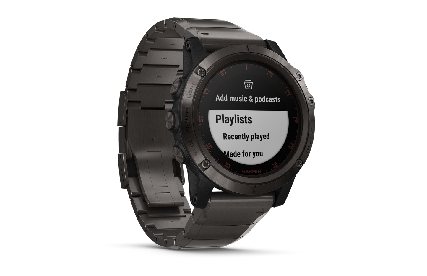 Garmin Fenix 5X Plus Sapphire smartwatch with carbon gray titanium case and metal bracelet
