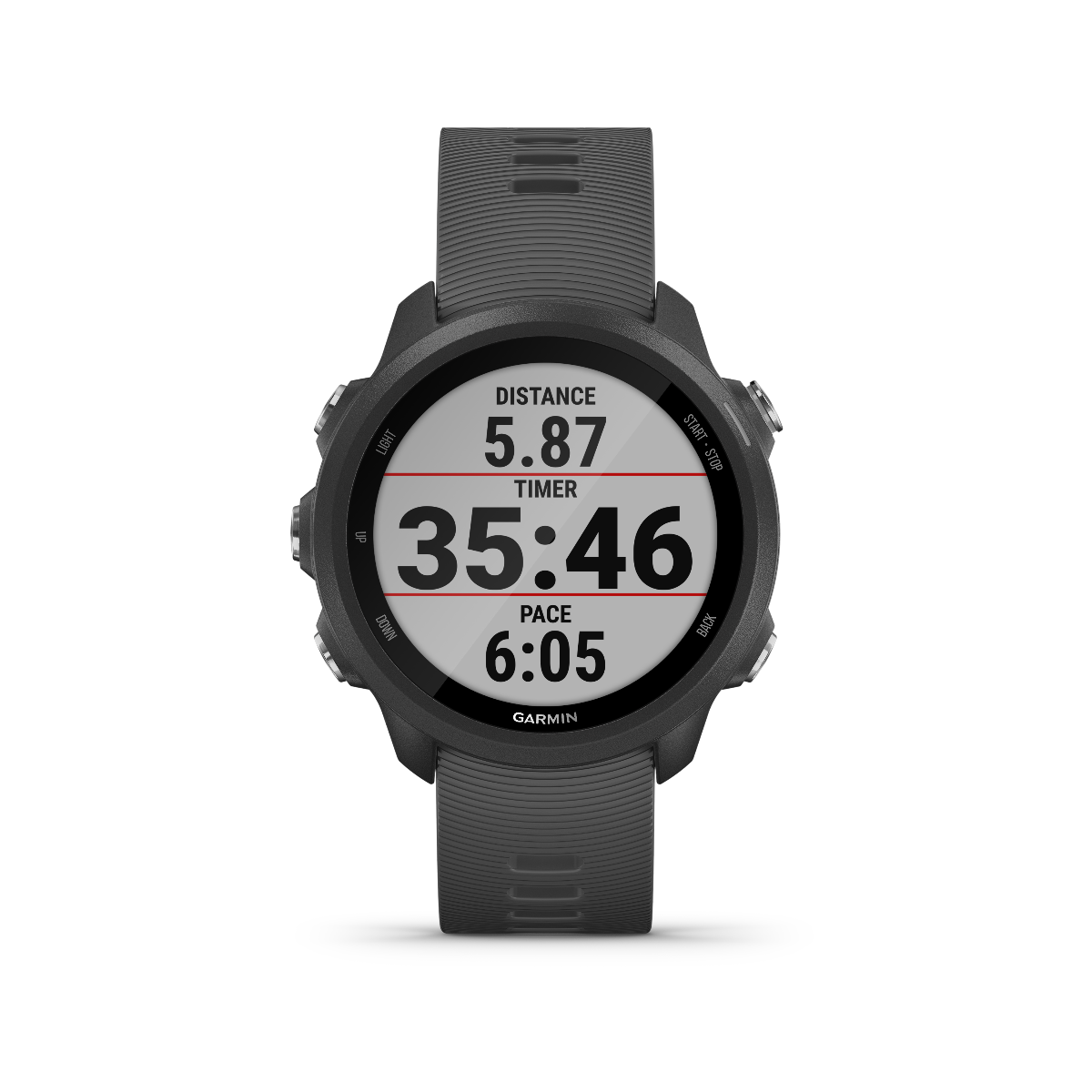 Garmin Forerunner 245 slate smartwatch with GPS showing distance, timer, and pace.