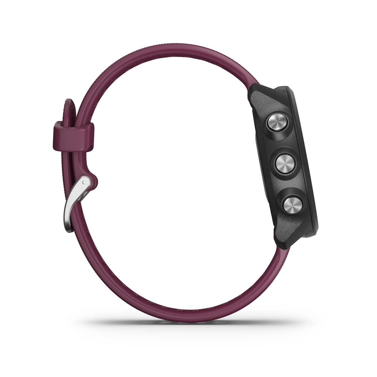 Garmin Forerunner 245 smart watch with berry strap, black case, and three side buttons
