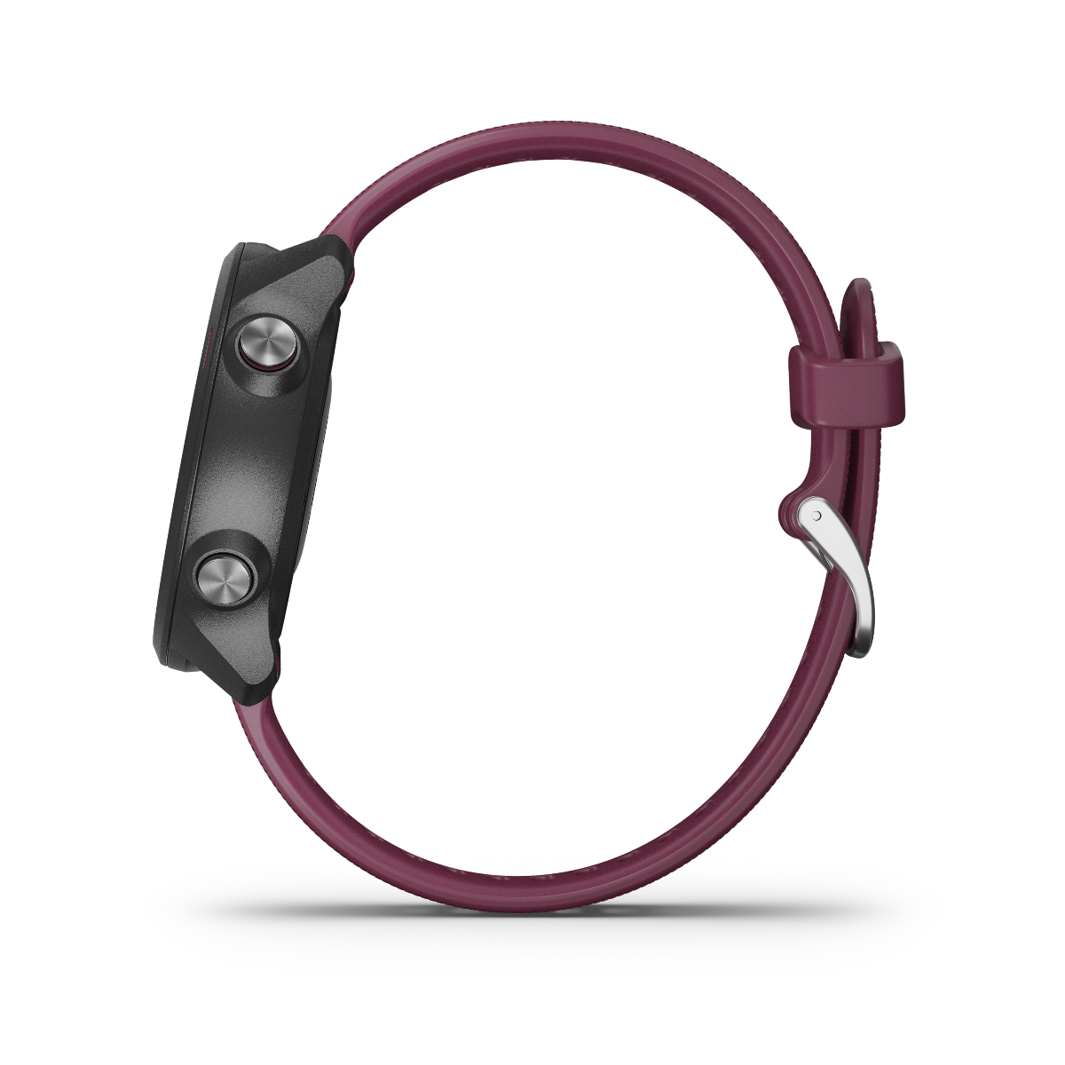 Garmin Forerunner 245 smartwatch with berry band and dual side buttons.