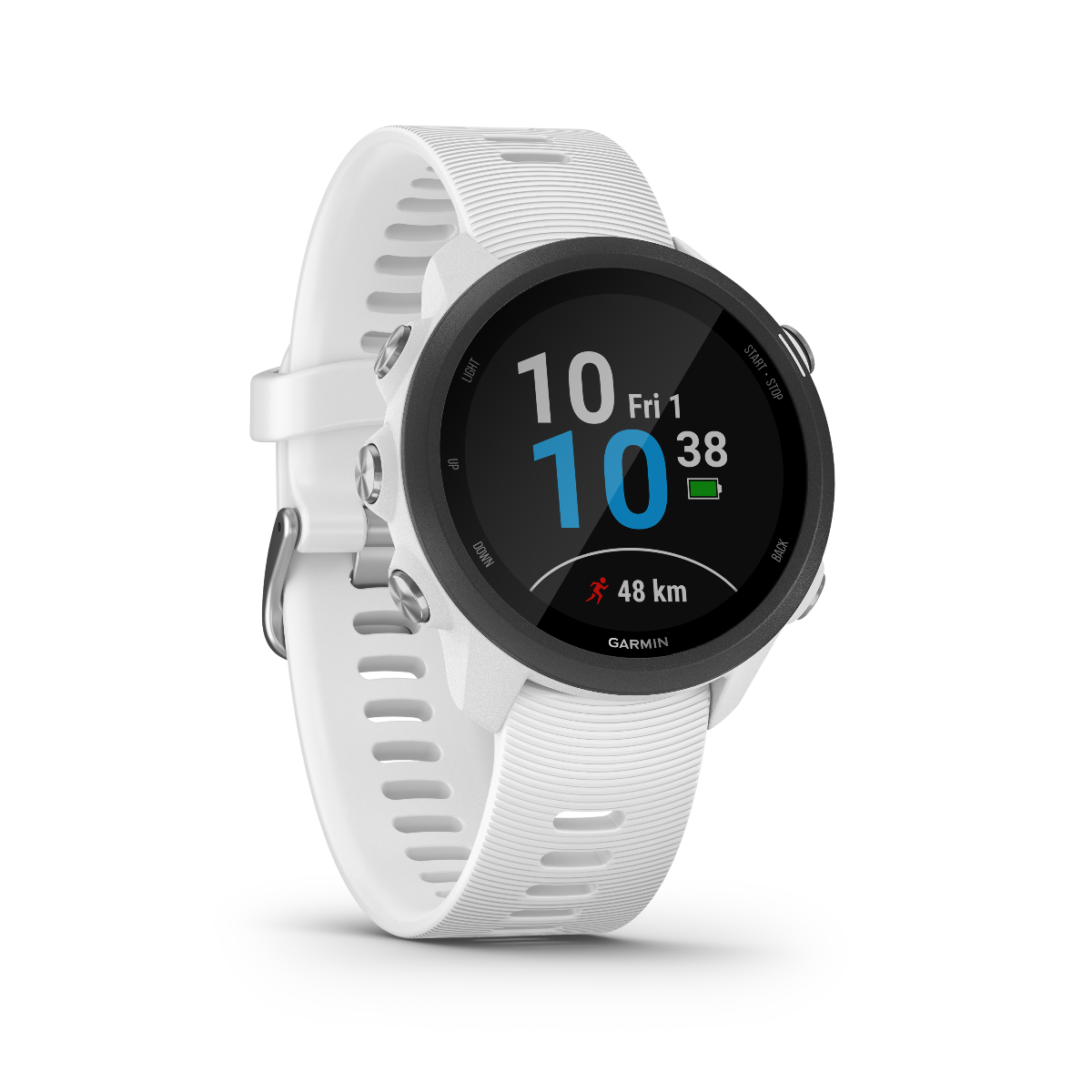 Garmin Forerunner 245 Music smartwatch in white with round black bezel and white silicone band