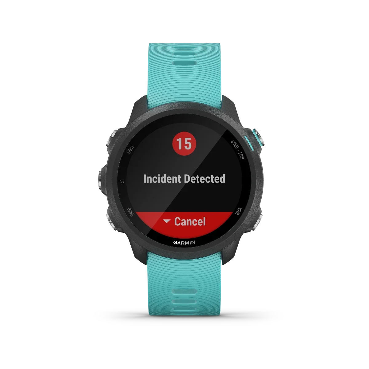 Garmin Forerunner 245 Music smartwatch with aqua strap; screen shows Incident Detected and red Cancel button