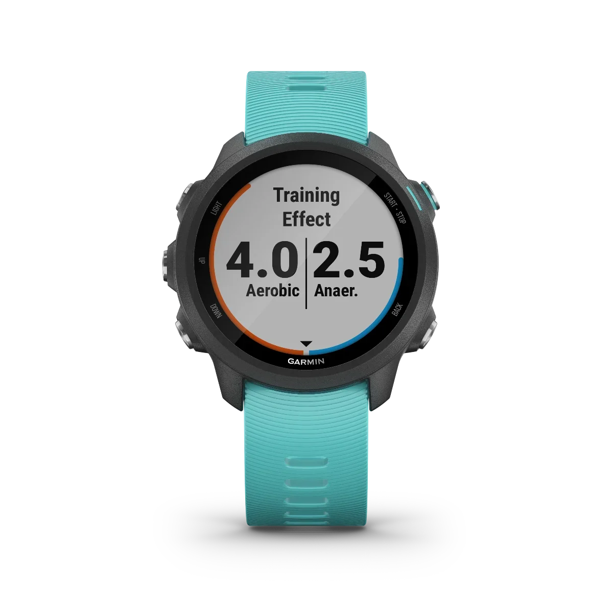Garmin Forerunner 245 Music smartwatch with aqua strap, displaying Training Effect 4.0 Aerobic 2.5 Anaer.