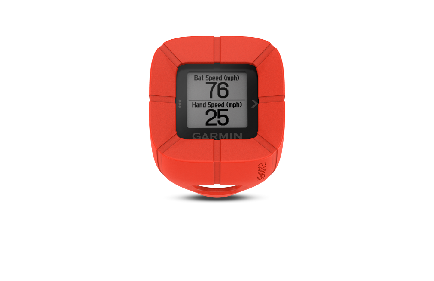 Garmin Impact Bat Swing Sensor in orange housing; displays bat speed 76 mph and hand speed 25 mph.