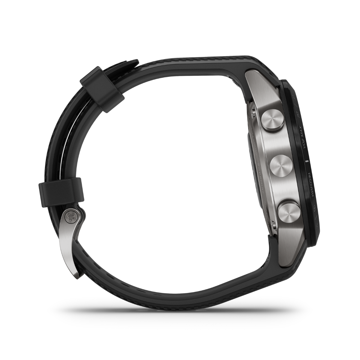 Garmin MARQ Athlete men's luxury GPS smartwatch with black strap and stainless steel case, certified refurbished.