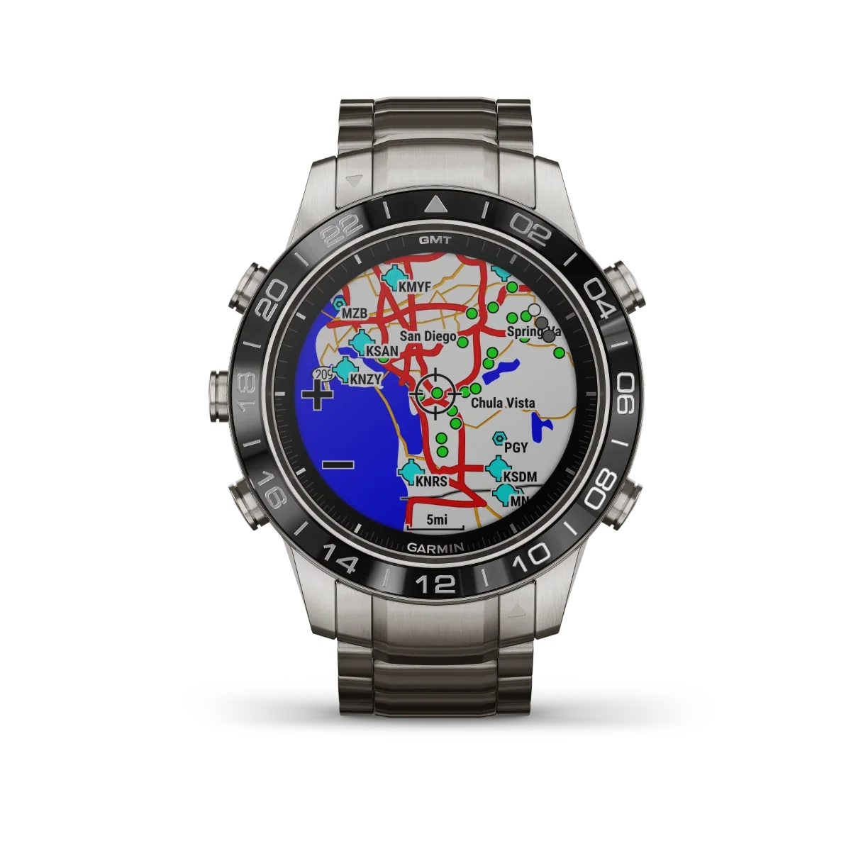 Garmin MARQ Aviator luxury GPS smartwatch with stainless steel bracelet and aviation map display
