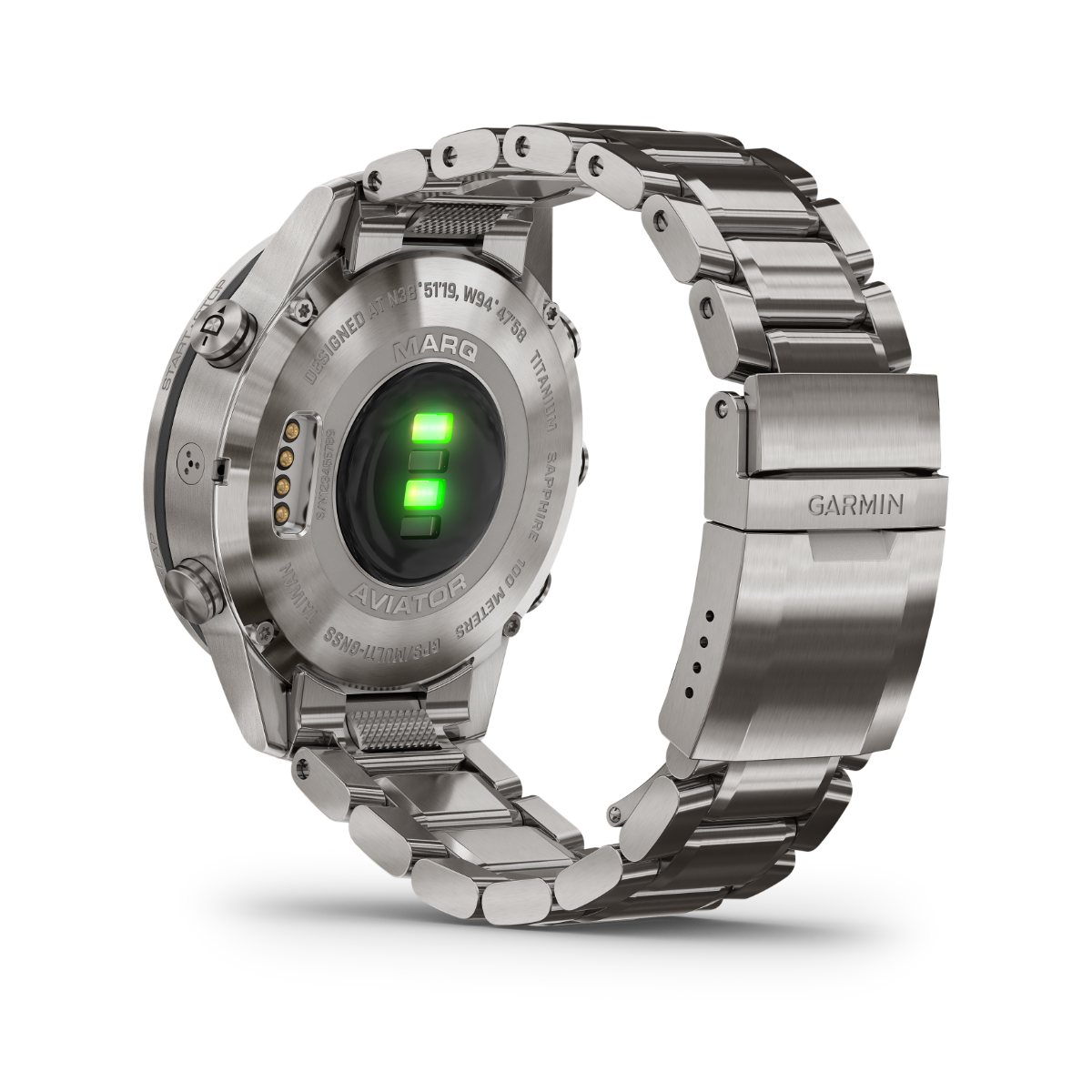 Garmin MARQ Aviator luxury GPS smartwatch with titanium case and stainless-steel bracelet.