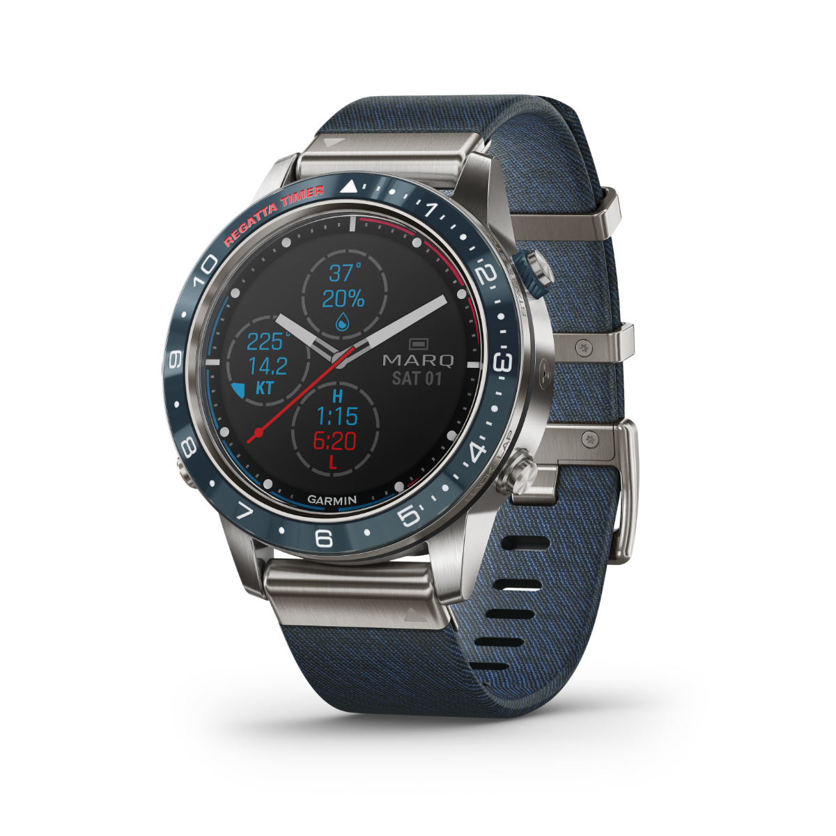 Garmin MARQ Captain luxury GPS smartwatch with blue strap and stainless-steel case