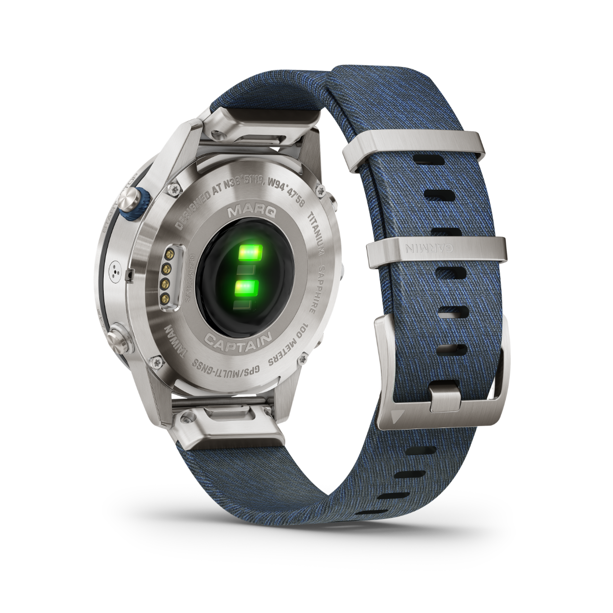 Garmin MARQ Captain men's luxury GPS smartwatch with titanium case and blue fabric strap