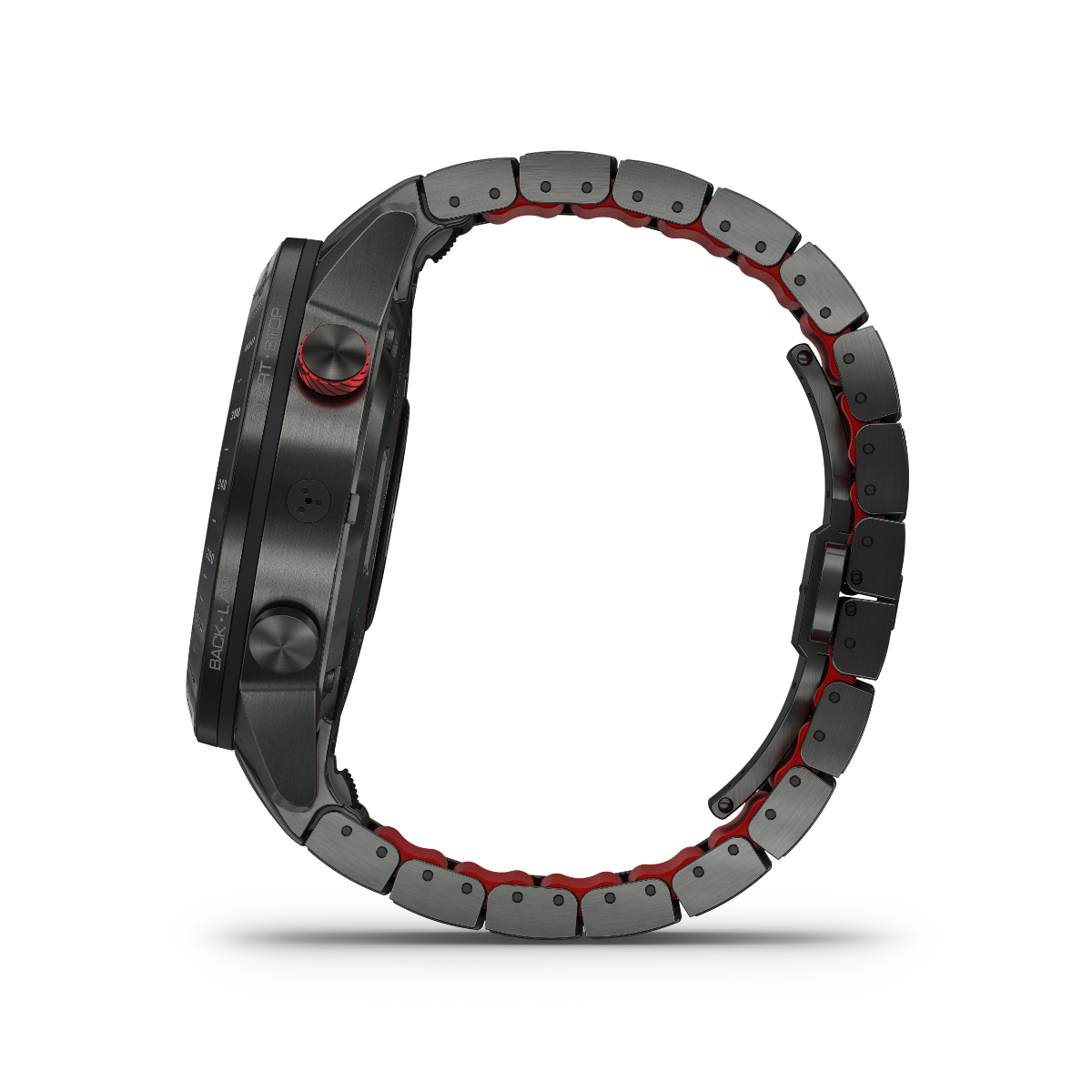 Garmin Marq Driver men's luxury GPS smartwatch with stainless steel bracelet and red inner band