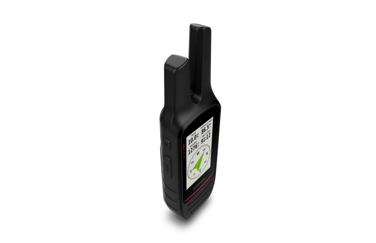 Garmin Rino 750 GPS and 2-way radio handheld in black with tall antenna, rugged body, and built-in navigation display