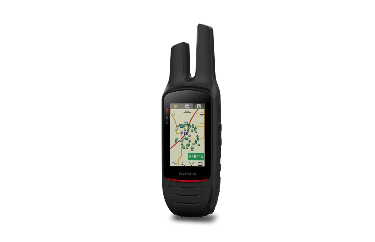 Garmin Rino 750 handheld GPS and 2-way radio with map display, black with red trim