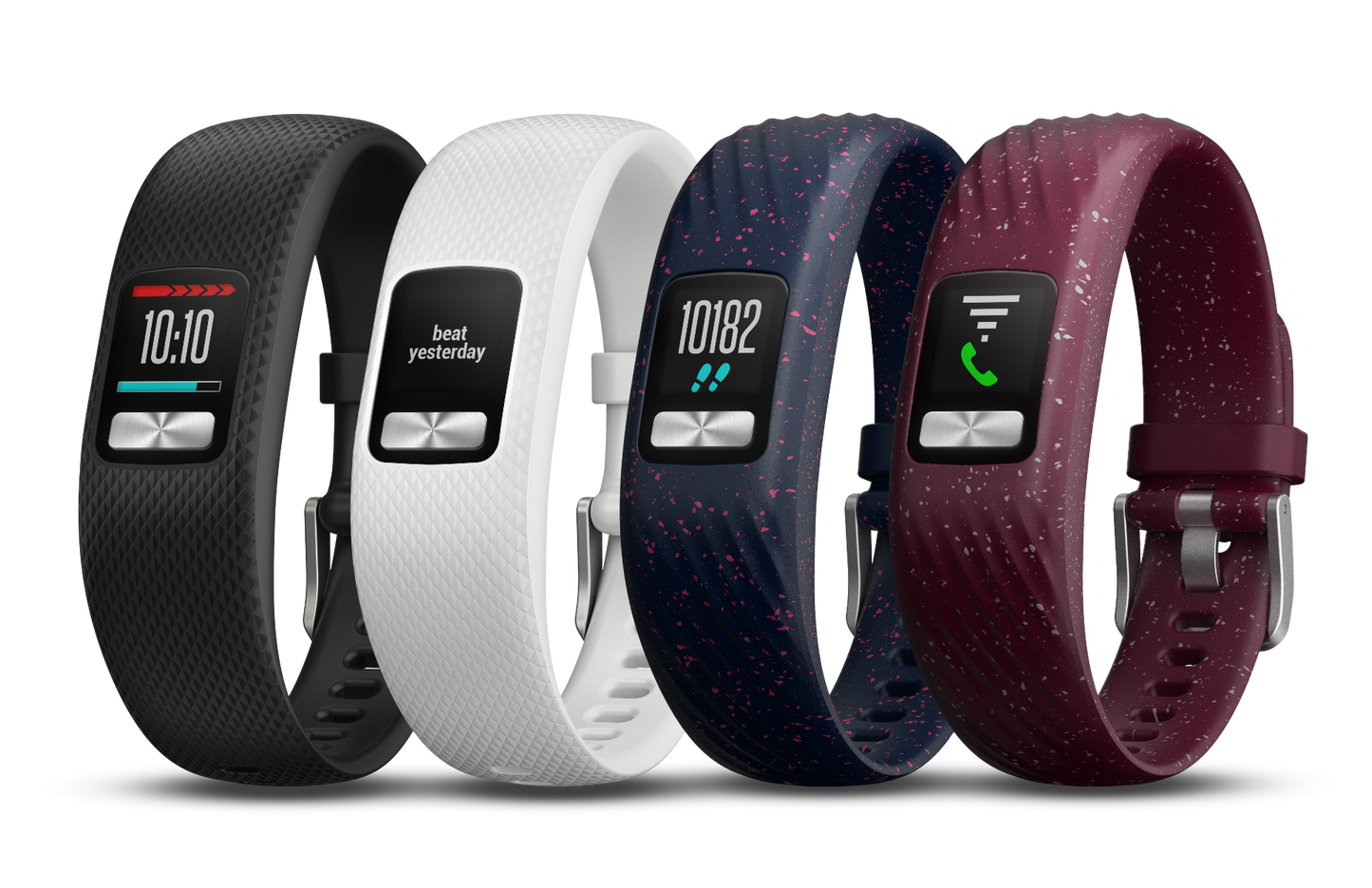 Garmin vivofit 4 4-pack smartwatch bands in black, white, navy speckle, and maroon speckle