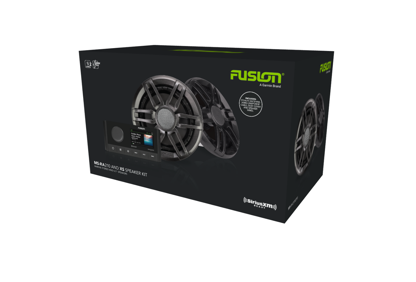 Garmin Fusion MS-RA210 marine stereo and XS sports speaker kit in a black box with two speakers
