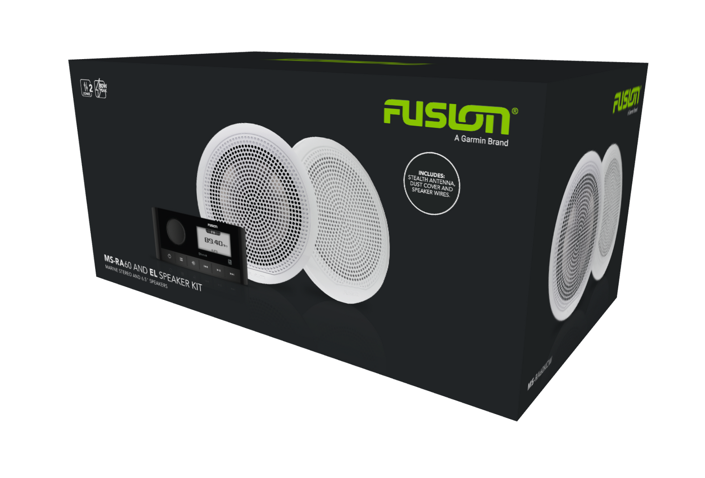 Garmin Fusion MS-RA60 and EL Classic Speaker Kit: two white round marine speakers and black stereo head unit