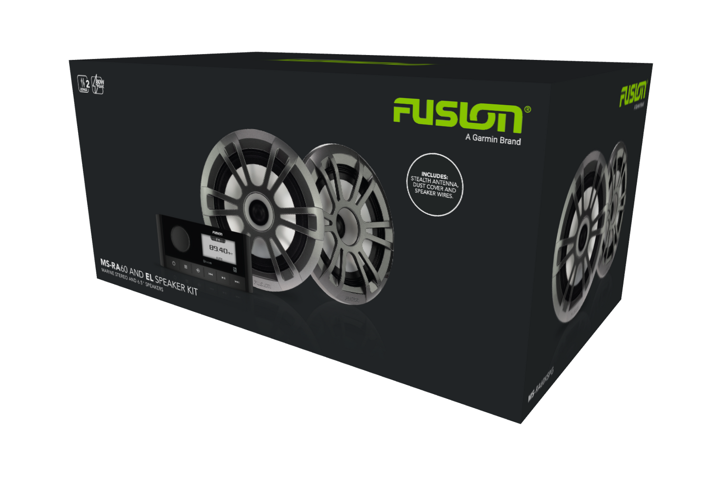Garmin Fusion MS-RA60 and EL Sports Speaker Kit packaging with two silver marine speakers