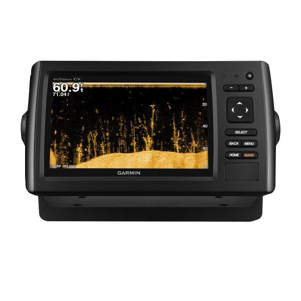Garmin ECHOMAP CHIRP 74cv marine chartplotter with transducer, black Garmin unit displaying sonar image