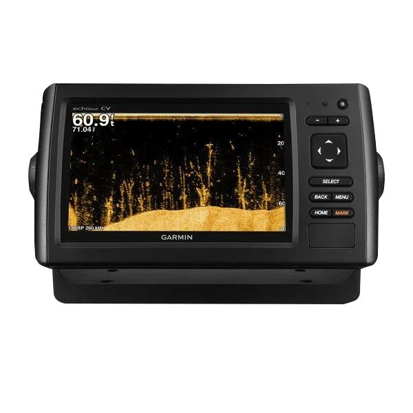 Garmin ECHOMAP CHIRP 74cv marine chartplotter with transducer, black Garmin unit displaying sonar image