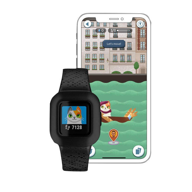Garmin Vívofit jr. 3 Black Cosmic kids smartwatch with black band, screen shows a cat wallpaper beside a smartphone