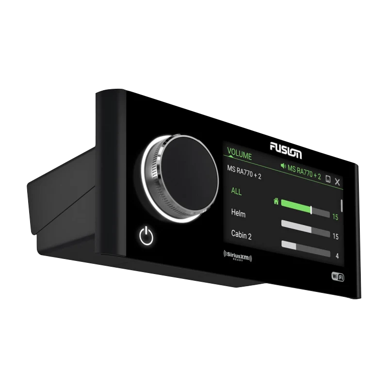 Garmin Fusion Apollo MS-RA770 marine stereo with built-in Wi-Fi; black dash-mount head unit with large rotary knob