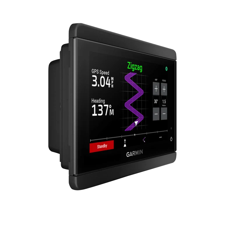 Garmin GHC 50 marine autopilot instrument display with black bezel and screen showing a zigzag course line