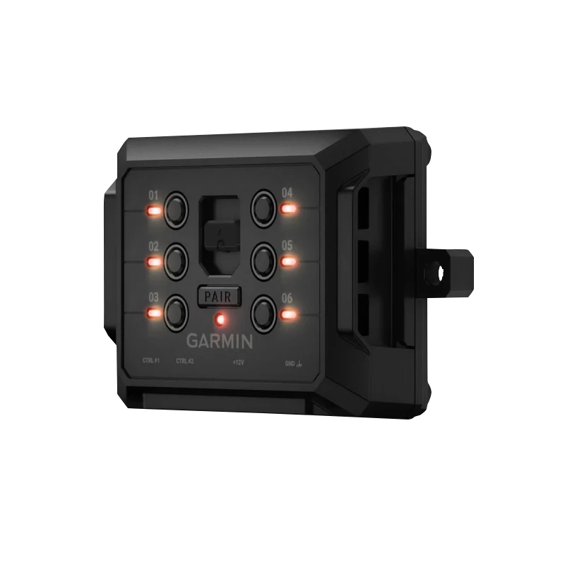 Garmin PowerSwitch six-port black power switch with LED indicators and Pair button, certified refurbished