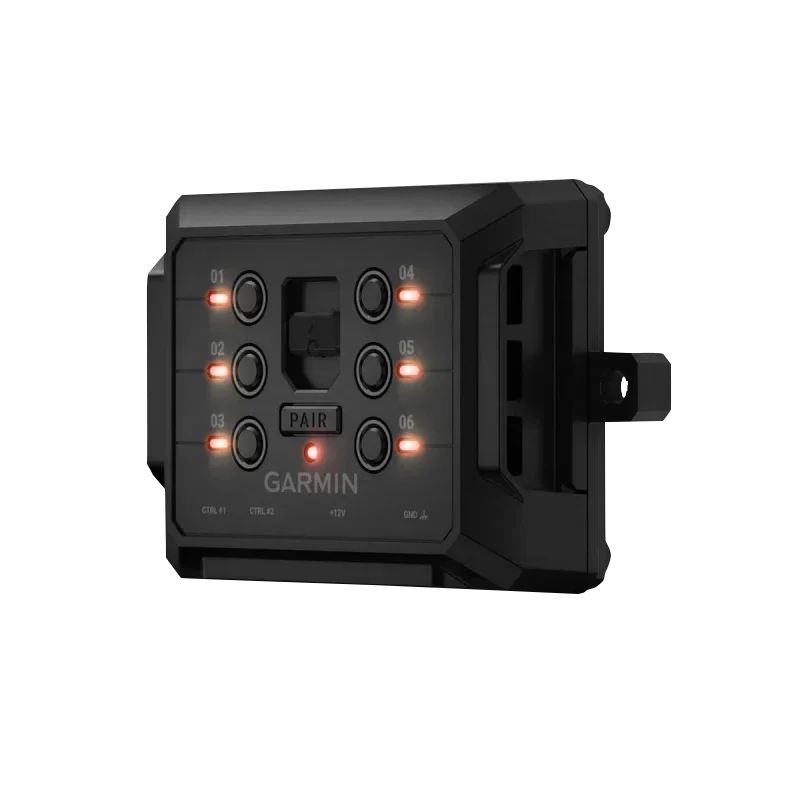 Garmin PowerSwitch six-port black power switch with LED indicators and Pair button, certified refurbished
