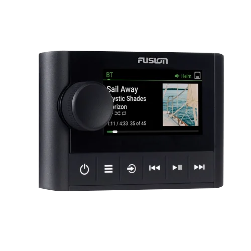 Garmin Fusion Apollo MS-ERX400 wired remote with display and black rotary knob, marine audio controller