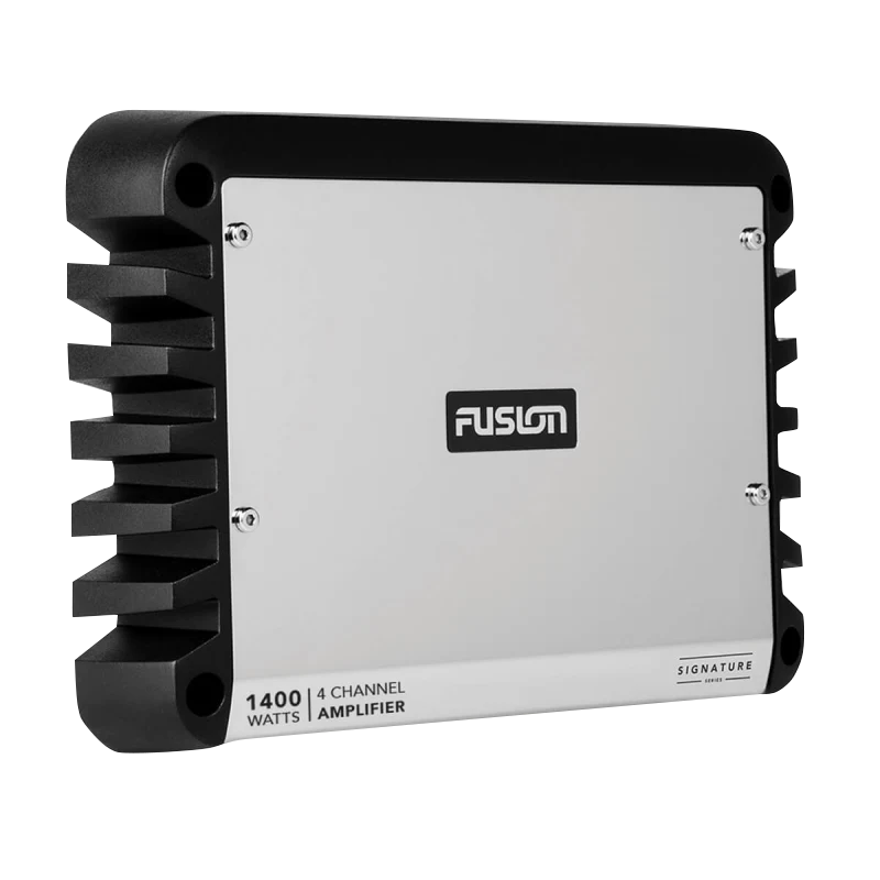 Garmin Fusion Signature Series 1400W 4-channel marine amplifier with silver chassis and black cooling fins