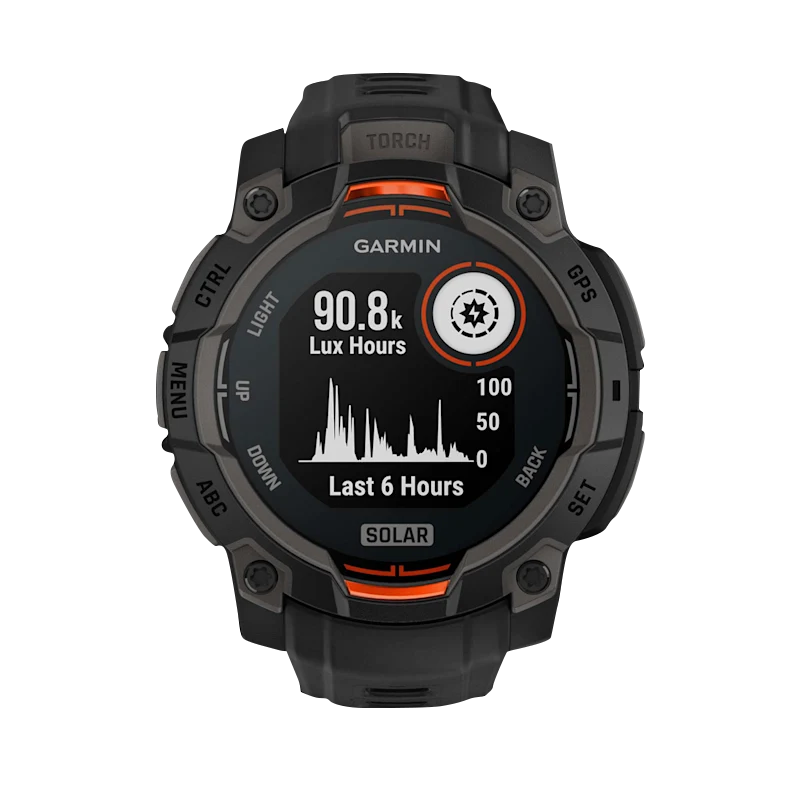 Garmin Instinct 3 Solar smartwatch, 45mm, black case with orange accents and black band