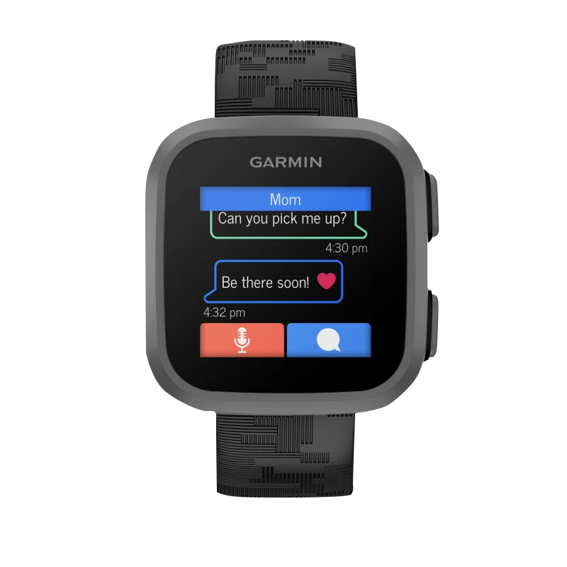 Garmin Bounce Black Camo smartwatch with camo strap, gray bezel, messaging screen with Garmin branding