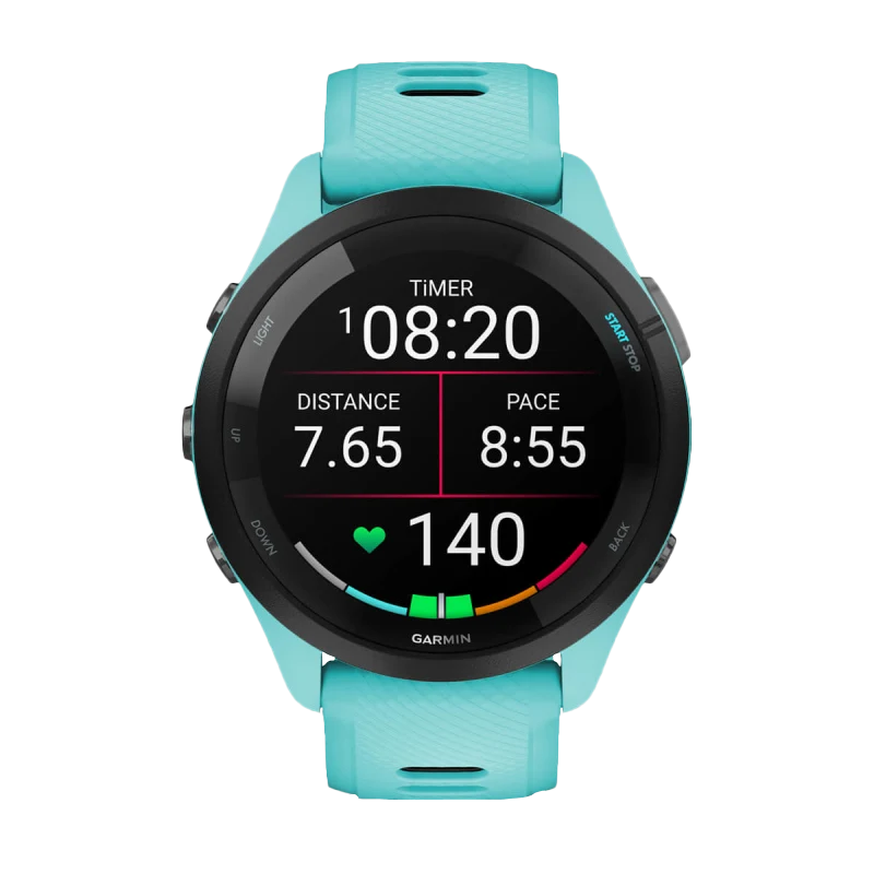 Garmin Forerunner 265 smartwatch, 46 mm, black bezel with aqua case and aqua/black silicone band