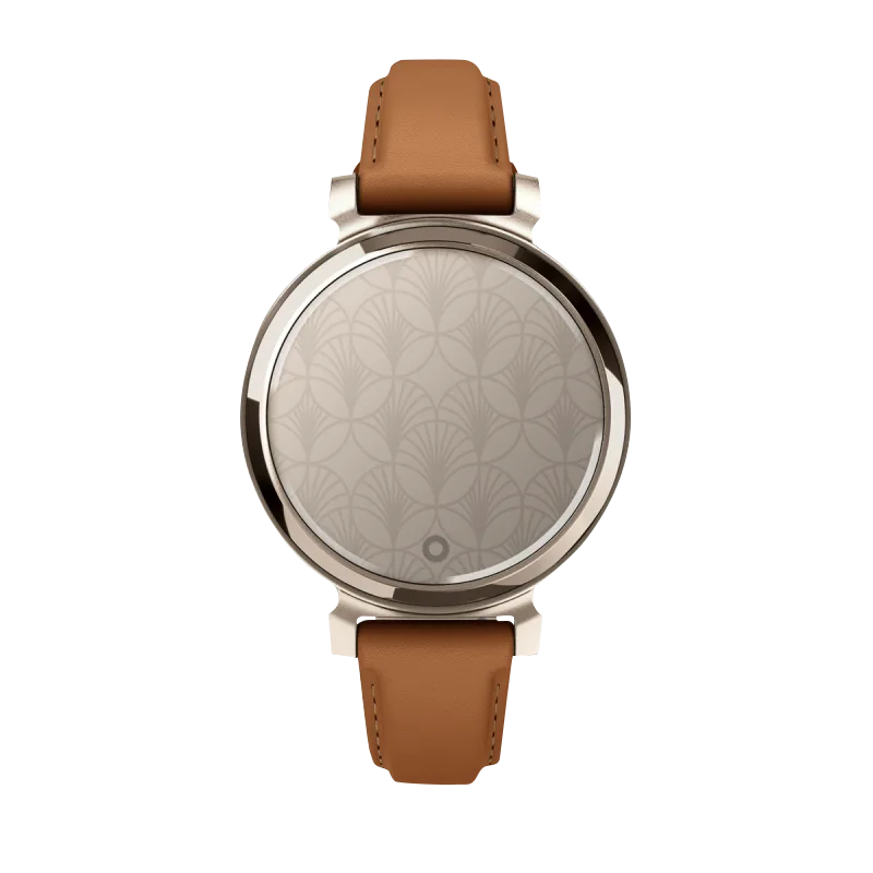 Garmin Lily 2 Classic smartwatch, cream gold case with tan leather band, Garmin certified refurbished watch