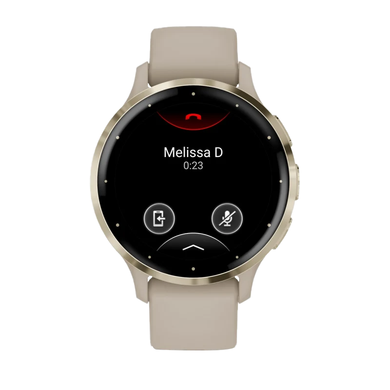 Garmin Venu 3S smartwatch, 41 mm, with soft-gold stainless bezel and beige silicone band.