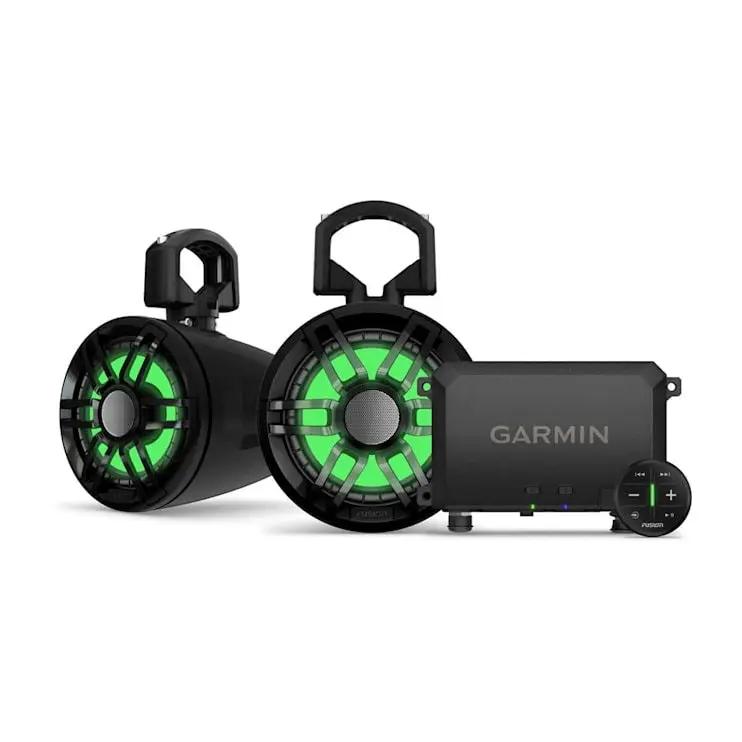Garmin Tread Audio System with LED controller; two black marine speakers with green LED rings and control unit
