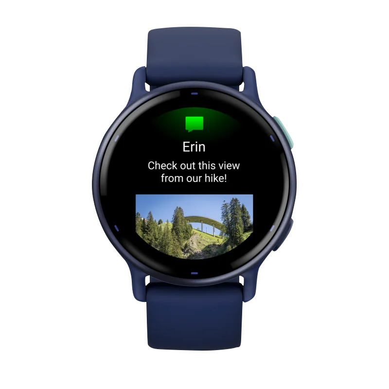 Garmin Vivoactive 5 smartwatch with metallic navy aluminum bezel and navy silicone band.