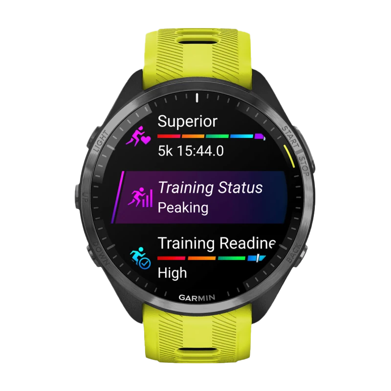 Garmin Forerunner 965 smartwatch with carbon gray DLC titanium bezel, black case, and neon yellow/black silicone band