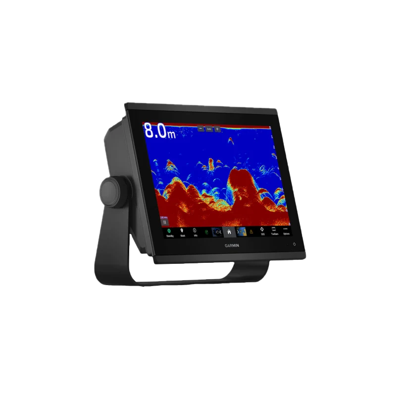 Garmin GPSMAP 1223xsv marine chartplotter with SideVü, ClearVü and CHIRP sonar on a black mounting stand