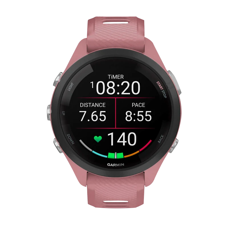 Garmin Forerunner 265S smartwatch with pink case, light pink/Whitestone silicone band, and black bezel.