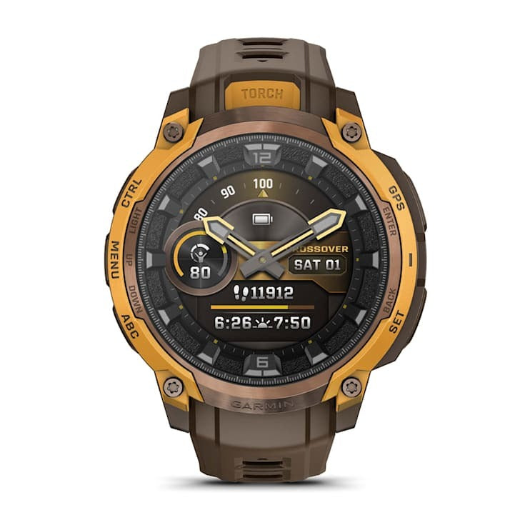 Garmin Instinct Crossover AMOLED smartwatch with gold bezel and brown strap.