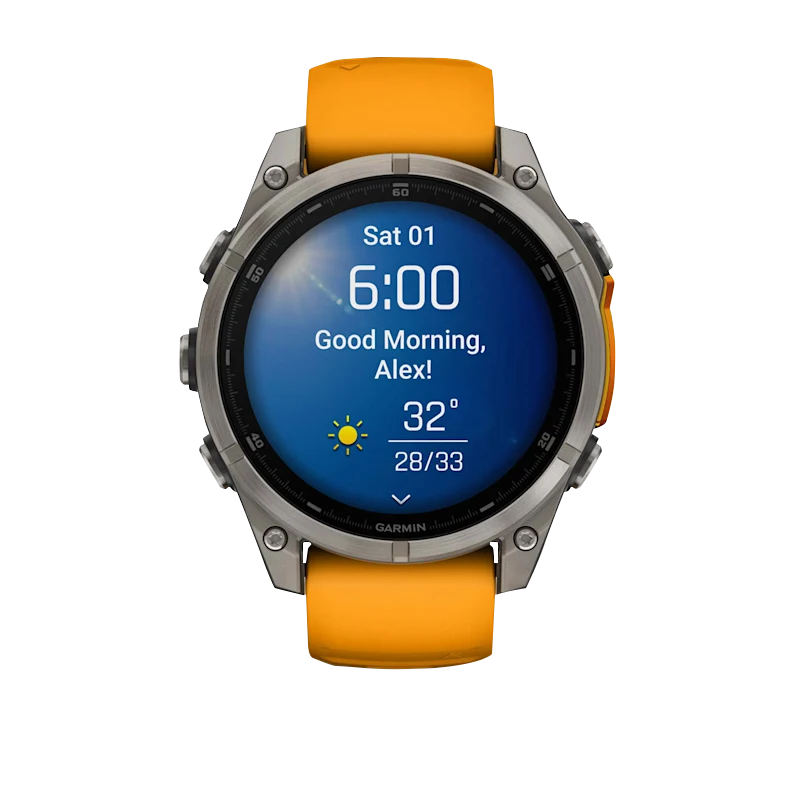 Garmin Fenix 8 smartwatch, 47 mm AMOLED Sapphire display, titanium case with Spark Orange/Graphite silicone band