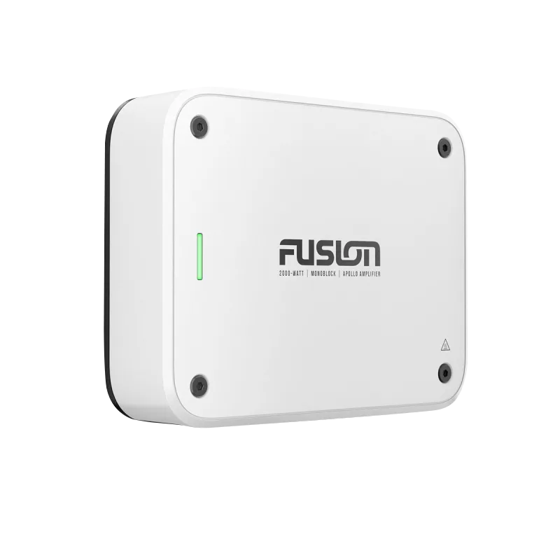 Fusion Apollo marine amplifier, white monoblock with green LED indicator