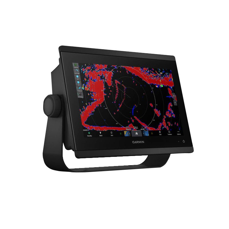Garmin GPSMAP 8412 marine chartplotter with worldwide basemap, black touchscreen display mounted on a stand