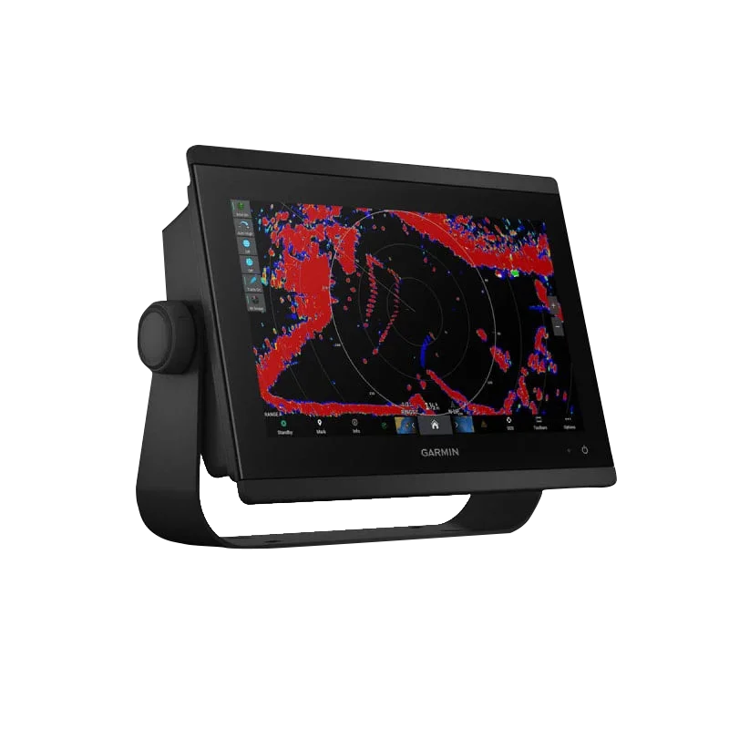 Garmin GPSMAP 8412 marine chartplotter with worldwide basemap, black touchscreen display mounted on a stand